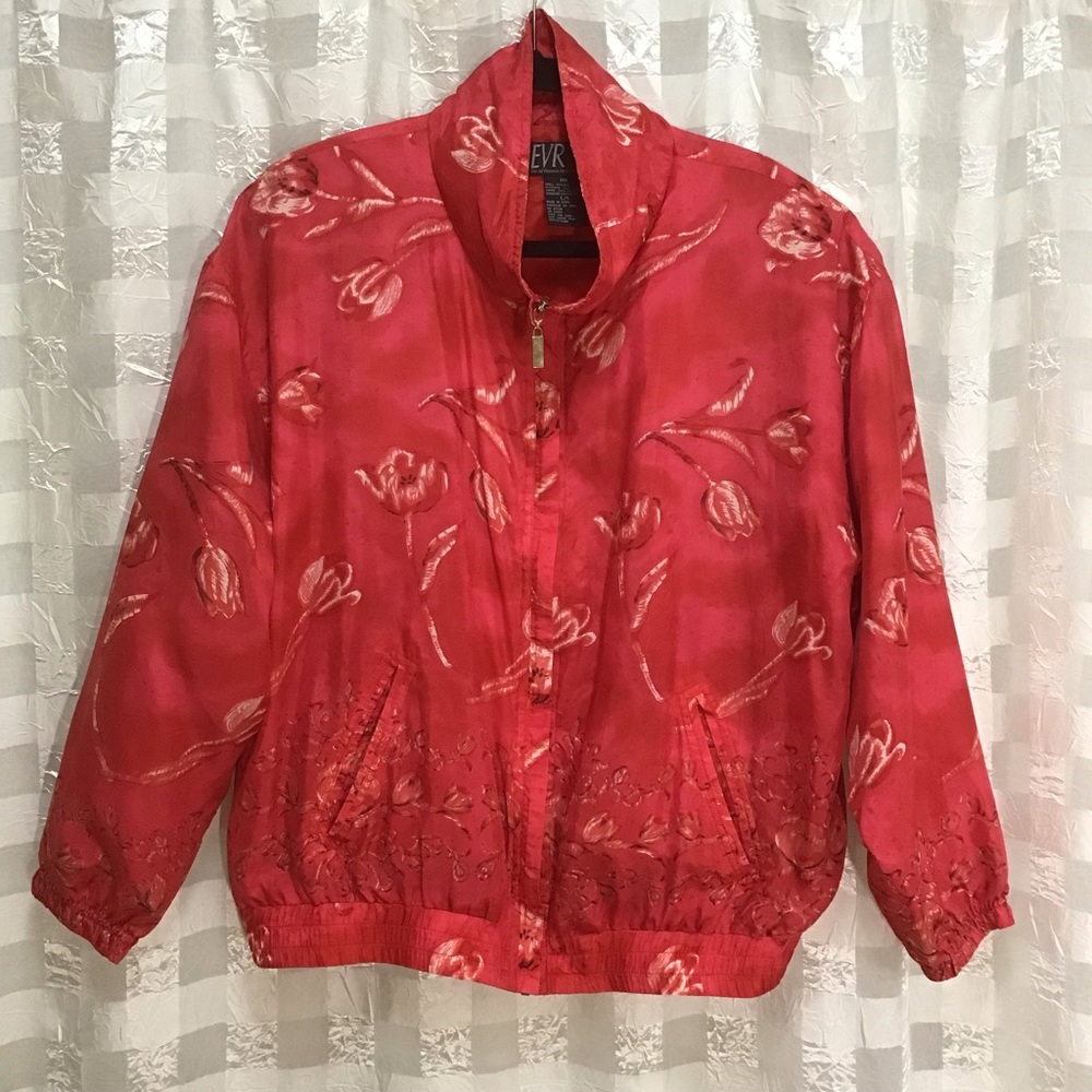 EVR 100% Silk Tulip Printed Zippered Bomber Jacket, Size L